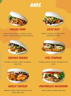 a menu with different types of food on the front and back of it, including burgers