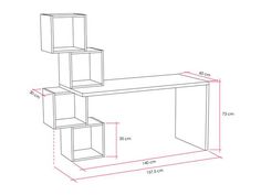 a drawing of a desk with shelves on each side and measurements for the top shelf