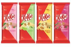 four packets of kitkat are shown in three different colors