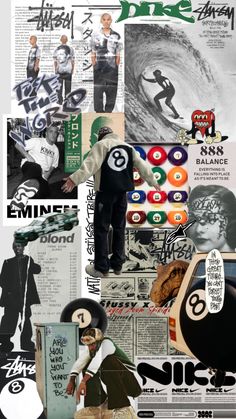 a collage of photos with various items and words all over the place, including an image of a man on a skateboard