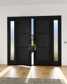 two black doors open in an empty room