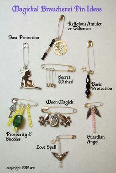 a bunch of different types of brooches and pins on a white board with words describing them