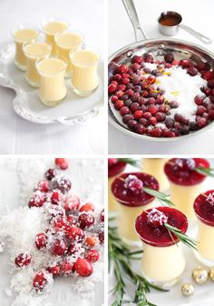 four different pictures with cranberries, orange juice and other food items on them