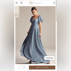 an image of a woman in a blue dress on her cell phone with the caption, add to cart