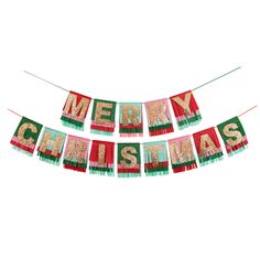 merry christmas banner with glitter letters hanging from clothes pins on a string against a white background