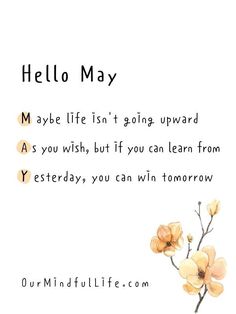 the words hello may are written on a white background with yellow flowers in front of it