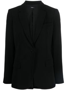 black tailored cut tonal design notched lapels front button fastening chest welt pocket two front flap pockets long sleeves buttoned cuffs central rear vent straight hem Theory Clothing, Blazer Black, Breasted Blazer, Black Blazers, Outerwear Women, Flap Pocket, Welt Pocket, Single Breasted, Blazer Jacket