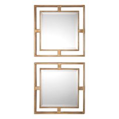 two square mirrors with wooden frames on each side, one is gold and the other is white