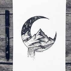 a drawing of a mountain with a crescent moon