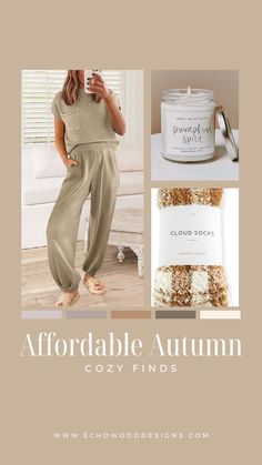 a woman standing in front of a candle with the words, affordable autumn cozy finds