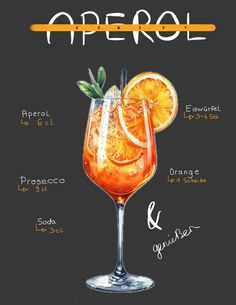 an orange drink in a glass with the names of its ingredients