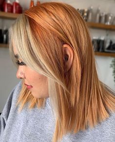 Blonde With Ginger Money Piece, Short Ginger Hair With Money Piece, Two Toned Ginger Hair, Orange Hair Blonde Money Piece, Orange Hair With Blonde Money Piece, Orange Beige Hair, Blonde With Orange Highlights, Ginger Hair Blonde Money Piece, Half Red Half Blonde Hair