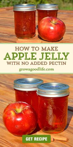 three jars filled with apple jelly sitting on top of a wooden table next to an apple