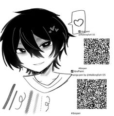 an anime character with black hair and a qr code on his chest, looking at the