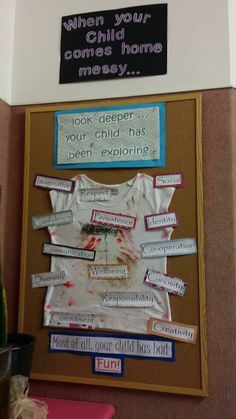 a bulletin board with clothes on it and words written all over the front, including children's handprints