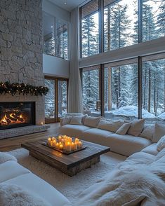 Houses With Fireplaces, Stone Rustic House, Hygge Mountain Home, Mountain Home Living Room Furniture, Transitional Mountain House Interior, Small Mountain Living Room, White A Frame Cabin, Mountain Fireplace Ideas, Modern Fireplace Ideas Stone