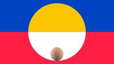 an egg in the center of a red, white and blue background with a yellow circle