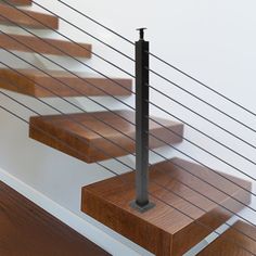 the stair railing is made of wood and metal