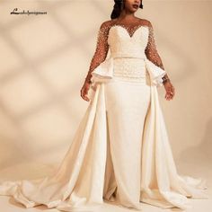 NumberSea - NumberSea African Mermaid Wedding Dress Long Sleeve Wedding Dress Overskirt, Bridal Maxi Dress, Plus Size Wedding Gowns, Wedding Dress Guide, African Wedding Dress, Gaun Fashion, Dress Guide, Ball Gown Skirt, Wedding Dresses Beaded