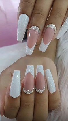 Wedding Nails For Bride White Tip, Bride Acrylic Nails, Matte And Glitter Nails, Fancy Wedding Nails, Luxury Nails Design Rhinestones, Nail Gem Designs Simple Rhinestones, White Acrylic Nails, Nails Design With Rhinestones