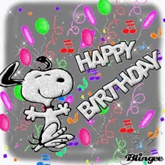 a happy birthday snoopy with balloons and confetti