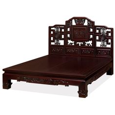 This Qing Dynasty Palace bed is characterized by its intricated floral and dragon design. This low platform queen size bed is complete with a hand-carved headboard, features beautiful central chrysanthemum design, with an open framework of cloud and flying dragons motif.  The intricate flower and dragon design continue through all three sides of the bed and the four legs. Intricately handcrafted from solid Elmwood with traditional joinery techniques to ensure a sturdy structure with long-lasting Hand Carved Headboard, Lattice Headboard, Chinese Bed, Chinese Bedroom, Asian Bedroom, Carved Headboard, Platform Bedroom Sets, Designer Bed, Asian Furniture