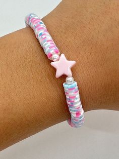 White Star-shaped Bracelet With Colorful Beads, White Star-shaped Adjustable Beaded Bracelets, Adjustable White Star-shaped Beaded Bracelets, Cute White Friendship Bracelets With Tiny Beads, Bracelet Clay Bead, White And Blue Bracelet, Bracelet Clay, Clay Bead, Preppy Summer