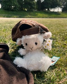 a stuffed animal with a hat on it's head sitting in the grass