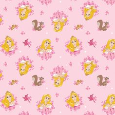 a pink background with cartoon characters and flowers