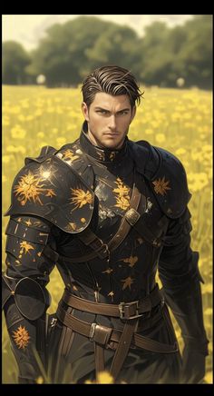 an image of a man in armor standing in the middle of a field with yellow flowers