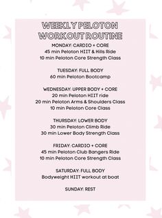 a pink and white poster with the words weekly piloton workout routine