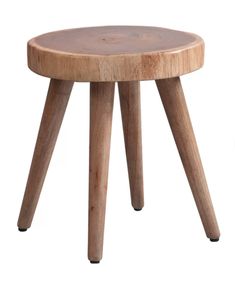 a small wooden stool with three legs and a round wood table top on white background