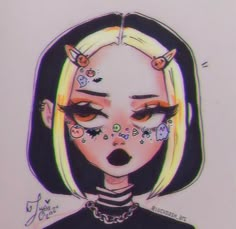 a drawing of a girl with cat ears and piercings on her nose, wearing a black shirt