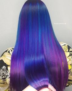 IN LOVE with this rich Blue + Purple look by @nanameuw - try our Blue Velvet + Plum Purple for a similar style! #lunartides #bluehair #purplehair Brunette Purple Hair, Blue And Violet Hair, Cosmo Hair, Purple And Blue Hair, Galaxy Hair Color, Blue Purple Hair, Dark Blue Hair, Galaxy Hair, Disney Theory