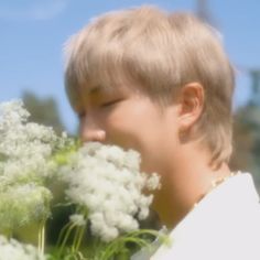 a little boy that is standing in the grass with some white flowers behind his head