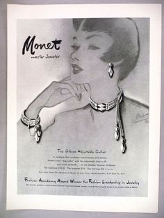 Monet Jewelers PRINT AD - 1950 ~~ Gibson adjustable collar necklace ~ jewelry | eBay Perfume Jewelry, Dainty Diamond Necklace, Jewelry Catalog, Jewelry Ads, Monet Jewelry, Diamond Solitaire Necklace, Vintage Monet, Gold Bar Necklace, Dainty Gold Necklace