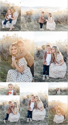 a collage of photos showing two children hugging each other