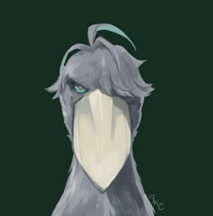 a drawing of a bird with blue eyes and a large beak on it's head