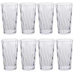 set of six clear glass tumblers on white background