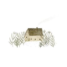 a drawing of a house surrounded by trees and bushes on a white background with the words,