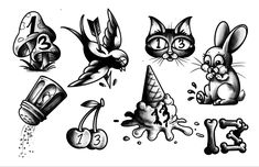 an ink drawing of various cartoon animals and numbers