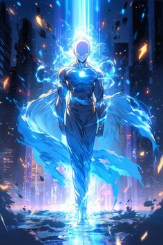 an anime character is standing in the middle of a city with bright lights and blue wings