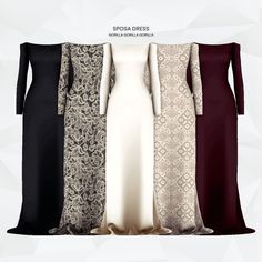 three dresses with different colors and patterns on them, one in black, the other in white