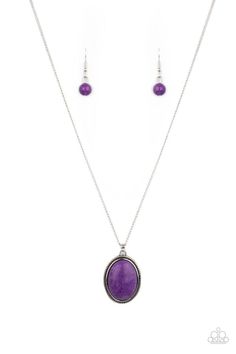 An oval Amethyst Orchid stone is pressed into the center of a studded silver frame, creating a tranquil pendant below the collar. Features an adjustable clasp closure. Sold as one individual ne Purple Stone Necklace, Talisman Necklace, Bling Necklace, Chic Bracelet, Purple Necklace, Paparazzi Accessories, Purple Stones, Paparazzi Jewelry, Silver Frame