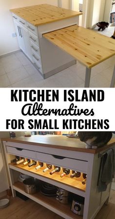 the kitchen island is made out of wood and has drawers for small items on it