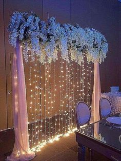 wedding decoration with white flowers and lights