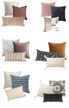 six different types of pillows on a white background