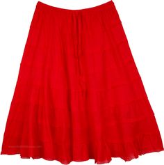 This cute and flirtatious solid red colored short skirt in cotton is a cool bohemian skirt with tiers for flare.  You can pair this classy light weight skirt with a variety of tops. #tlb #JuniorPetite #TieredSkirt #vacationclothing #beachwrap #Solid #shortskirt #tieredskirt #redsummercottonskirt Red Tiered Skirt For Summer, Solid Bohemian Ruffled Skirt, Casual Red Maxi Skirt With Ruffles, Casual Red Ruffled Maxi Skirt, Red Flared Cotton Skirt, Red Gathered Tiered Maxi Skirt, Red Cotton Ruffled Skirt, Red Ruffled Cotton Skirt, Red Tiered Gathered Skirt