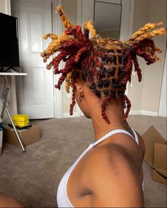 Red And Blonde Hair Color Locs, Loc Styles For Studs, Pineapple Loc Style Short, Locs Color Combo, Split Dyed Locs, Two Tone Locs, Unique Loc Styles, Loc Colors, Dyed Dreads