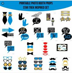 a set of photo booth props including sunglasses, mustaches and speech bubbles with the words printable photo booth props star trek inspired set